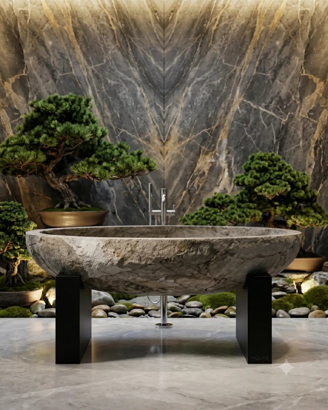 Custom-carved stone tubs and basins